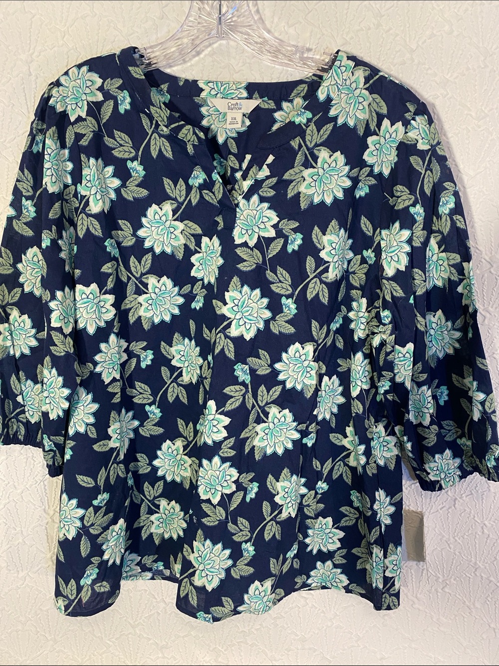 croft & barrow Navy Floral Split-Neck Top with Aqua Accents smock peasant style